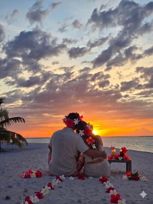 Couple s'embrassant sur la plage au coucher de soleil, orné de lei de fleurs à Tikehau Herearii, Tuherahera