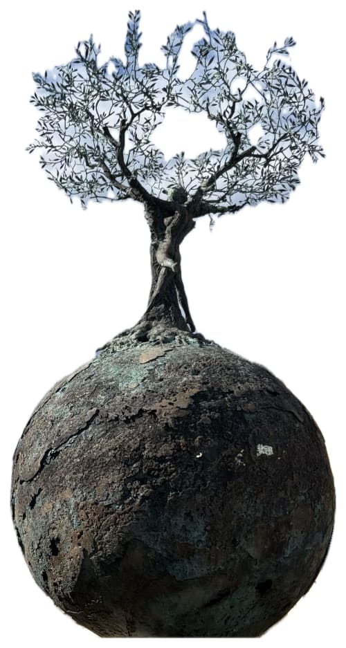 Antiguo olivo retorcido con follaje delicado sobre esfera de piedra, Casale Artemisia en Capalbio