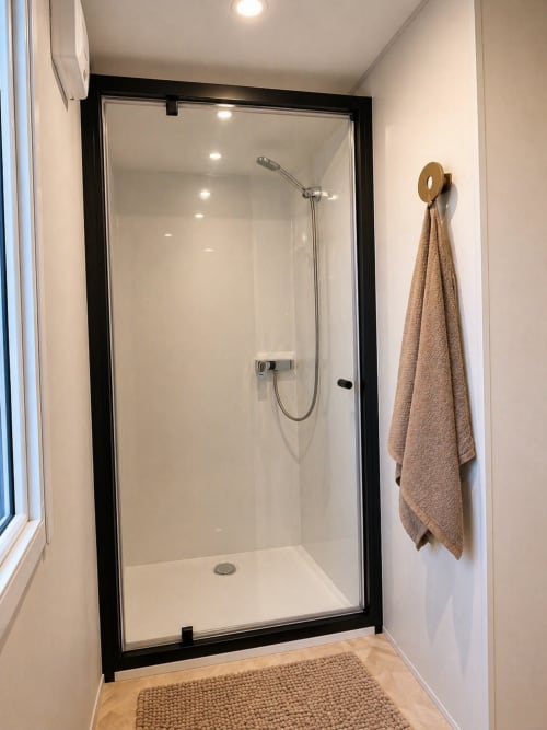 Douche moderne avec cadre noir à l'hôtel Le Maquis Plage à Poggio-Mezzana
