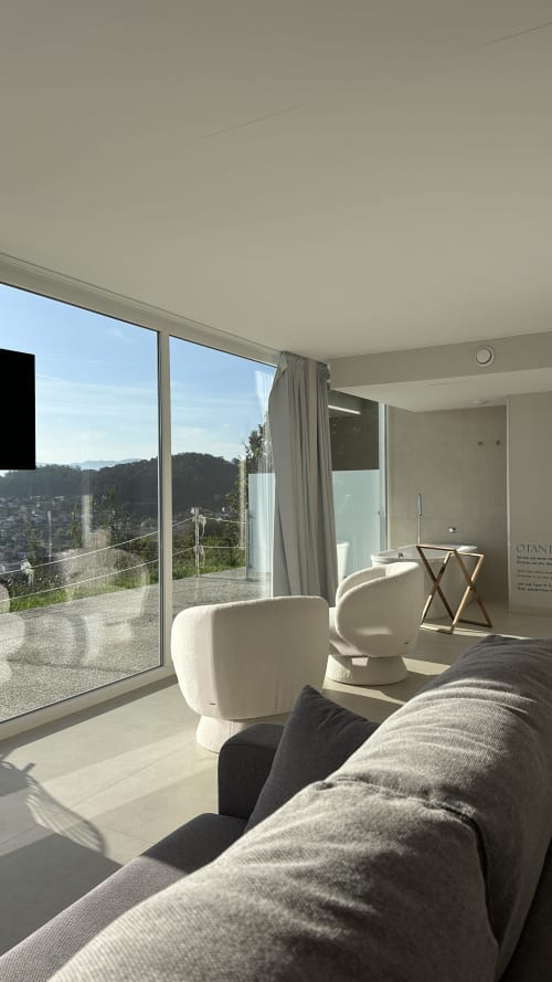 Otantus Maritimus room at Otantus Hotel in Muros with sea view, modern furnishings and panoramic windows