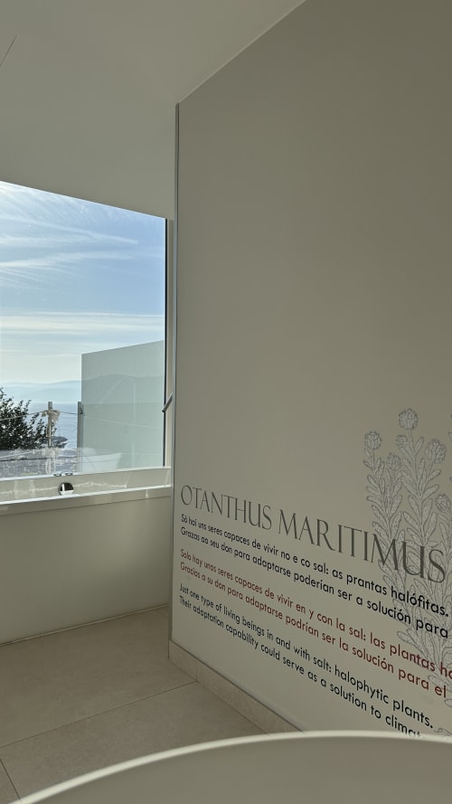 Otantus Maritimus room with sea view window and informational wall text at Otantus Hotel, Muros
