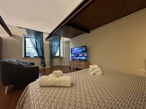 Spacious loft bedroom at Cinelli Apartment in Vercelli with queen bed, flat-screen TV, dark wood furnishings, and garden view