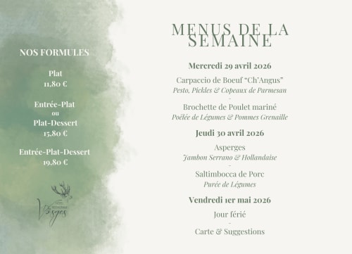 Menu hebdomadaire du restaurant Hôtel Des Vosges proposant une cuisine française pour avril-mai 2026 à Sommerau