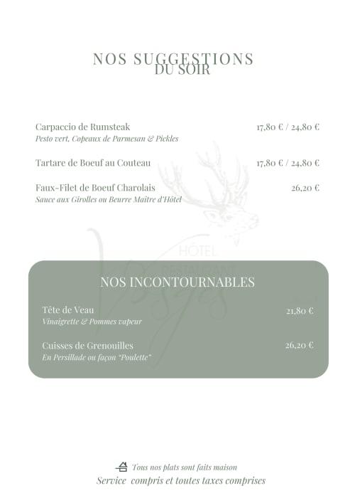 Menu de dîner de l'Hôtel Des Vosges proposant la cuisine française avec spécialités de bœuf et veau à Sommerau