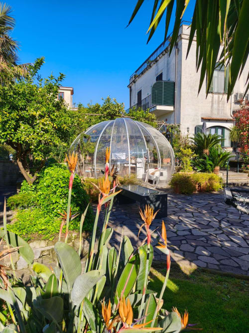 Giardino con vista nella stanza Tulipano di Villa Bianca B&B, Castellammare di Stabia, con fiori esotici e cupola trasparente