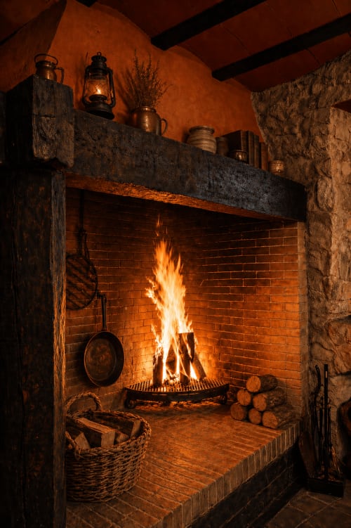 Built-in fireplace with fire, firewood and a wooden mantel in an interior room.