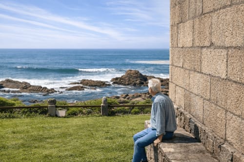 Huésped disfrutando de vistas al océano desde casa grande con jardín, barbacoa y vistas al mar cerca de Baiona