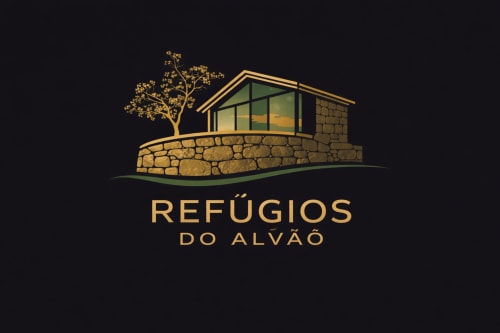Logo de Refúgios do Alvão com casa de pedra e árvore dourada, Casa da Avó Ana B&B, Mondim de Basto