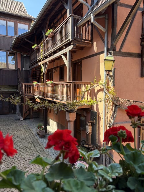 Cour de l'Hôtel de l'Ange à Niedermorschwihr avec maisons à colombages, balcons en bois et fleurs rouges