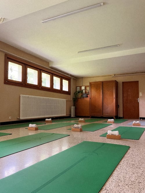 Studio de yoga au Chalet Viñales avec tapis verts, blocs en bois et lumière naturelle des fenêtres