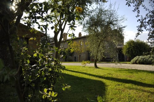 Innenhof des Agriturismo Buriano in Lubriano mit Steingebäude, grüner Wiese und alten Bäumen, die Schatten werfen