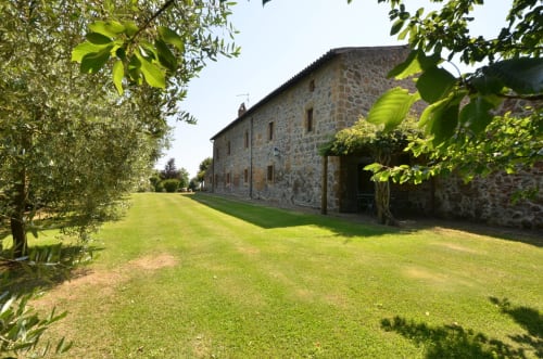 Rustikale Steinvilla Agriturismo Buriano mit gepflegtem Rasen und Olivenbäumen in Lubriano, Italien