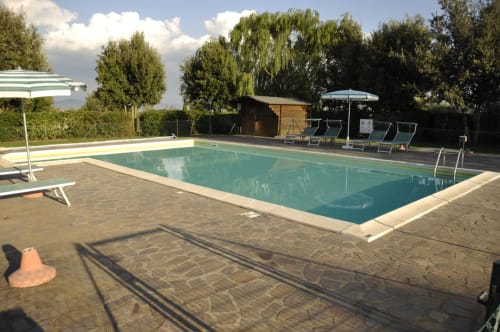 Swimming pool at Agriturismo Buriano in Lubriano with loungers, umbrellas, and trees