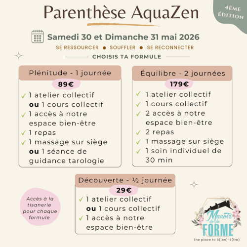 Événement bien-être Parenthèse AquaZen mai 2026 au Manoir De La Forme avec trois forfaits pour activités de relaxation