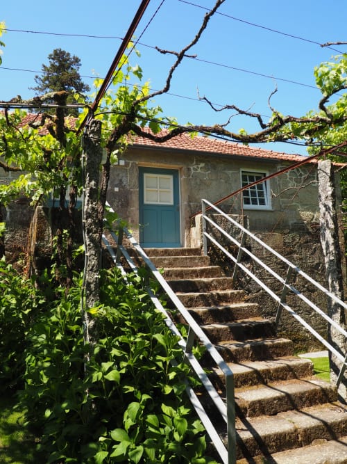 Entrada da casa de pedra da Quinta da Coutada com porta azul-petróleo, escadas, corrimão de metal e videiras trepadeiras em Arcos de Valdevez