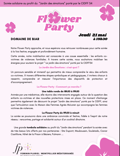 Affiche de l'événement caritatif Flower Party à l'Hôtel de la Prison Béziers au bénéfice du projet de jardin thérapeutique
