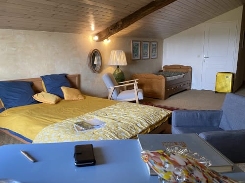 Spacious bedroom at Le Prieuré de Saint-Pierre B&B with yellow bedding, blue accents, exposed beams, and garden views