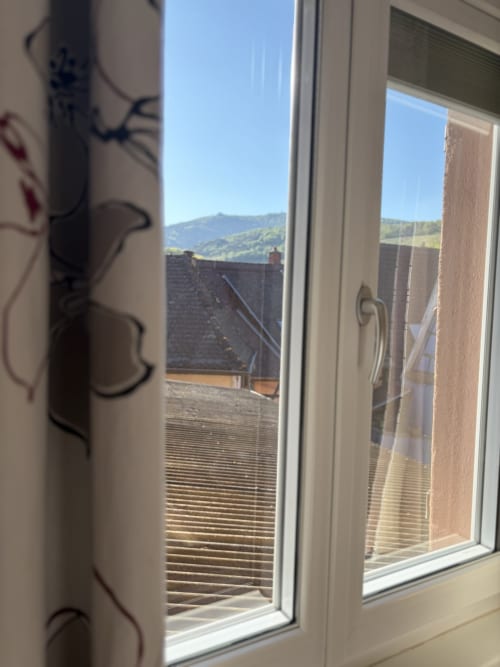 Vue depuis une chambre de l'Hôtel de l'Ange montrant les toits du village de Niedermorschwihr et les collines verdoyantes