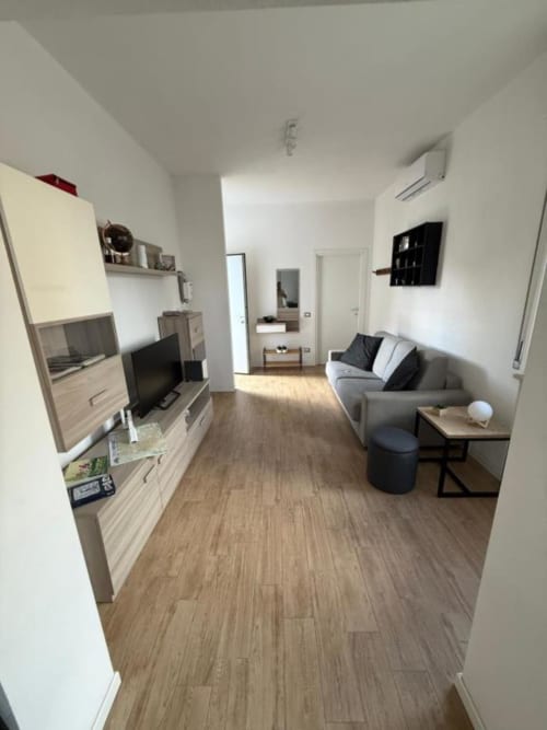 Elegante soggiorno con divano grigio, mobile TV in legno, angolo cottura e pavimenti in parquet a MiSaNi Apartments