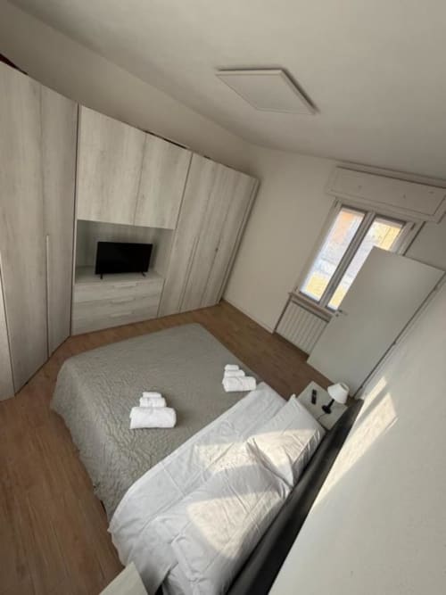 Camera moderna presso MiSaNi Apartments con letto matrimoniale, guardaroba integrato, TV a schermo piatto, pavimento in legno e porte con vista giardino