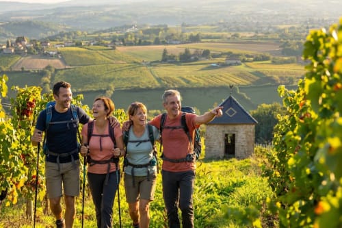 Four hikers walking through vineyards near Bagnols, France with countryside views and a stone chapel behind them.