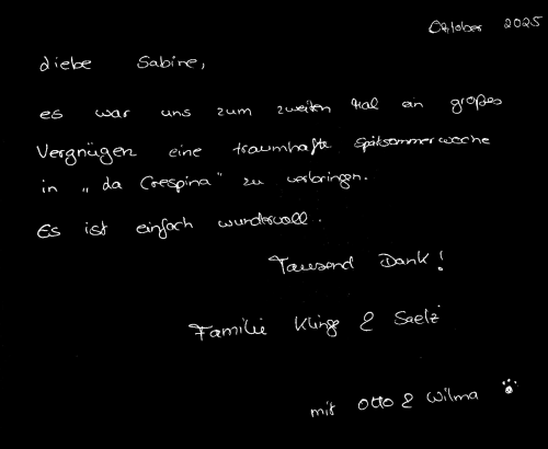 Note de remerciement manuscrite des clients du Bleu Mer Riviera, Les Issambres