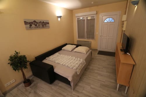 Chambre d'un studio à l'Appart'Hôtel Résidence de Tourisme de Cholet avec lit, canapé, TV et kitchenette