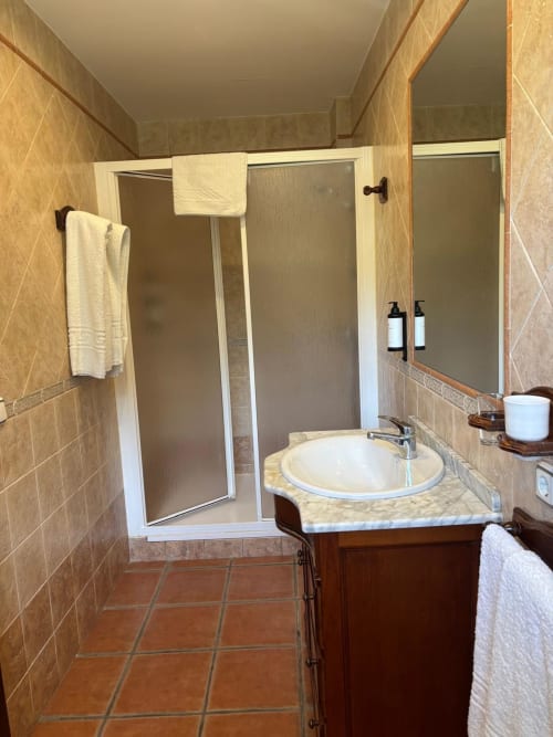 Modern bathroom with terracotta tile floor, marble sink vanity, walk-in shower, and amenities at Hotel Mulhacén Trevélez,