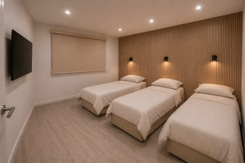 Triple room at El Chalecito de Alicante with three twin beds, wood-paneled accent wall, TV, and modern lighting