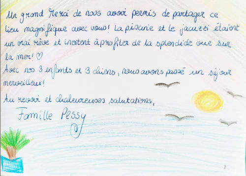 Lettre de remerciements manuscrite de la famille Possy félicitant le Bleu Mer Riviera aux Issambres