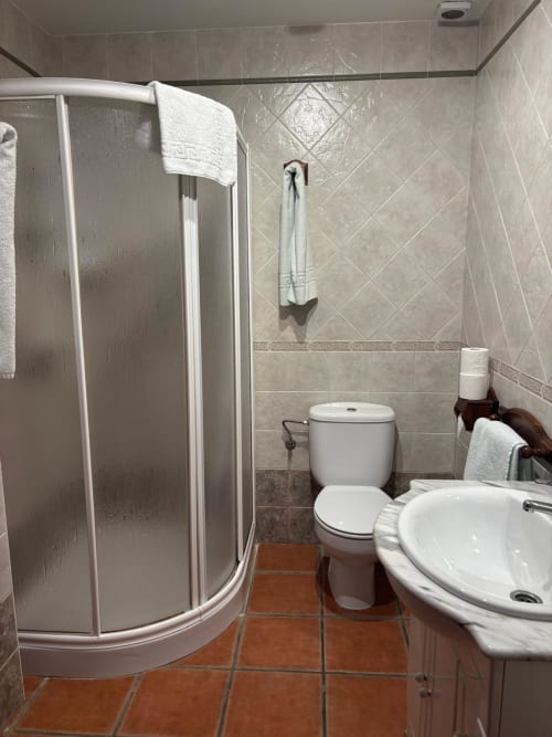 Modern bathroom at Hotel Mulhacén Trevélez with curved shower enclosure, white sink, toilet, and terracotta tile flooring in