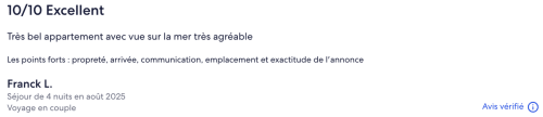 Excellent avis 10/10 pour Bleu Mer Riviera, Les Issambres - appartement en bord de mer avec vue sur la mer