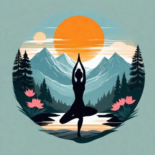 Silhouette of person in yoga pose at sunset, mountains and forest backdrop for Le gite des mousquetaires wellness retreat in