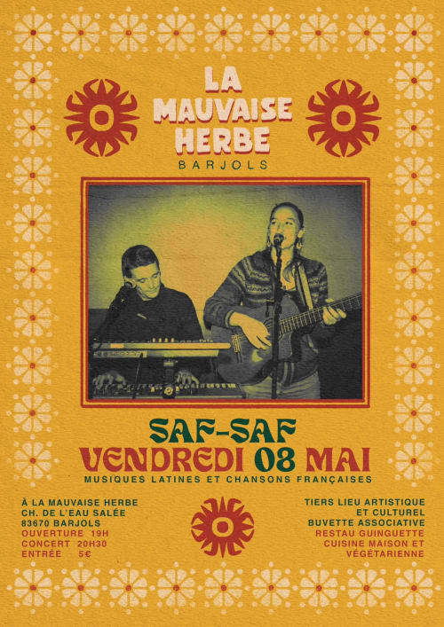 Affiche de concert La Mauvaise Herbe à Barjols présentant des musiciens jouant de la musique latine et française le 8 mai