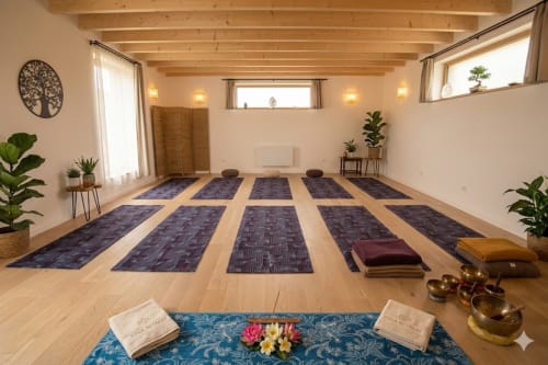 Studio spacieux de yoga et méditation à l'Espace Ker Gana B&B à Plourin, avec tapis bleus, coussins et bols chantants.