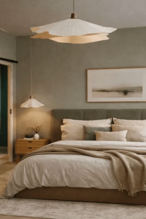 Chambre moderne de la Maison 1903 B&B à Trévou-Tréguignec avec lit en velours olive, luminaires suspendus design et décor neutre