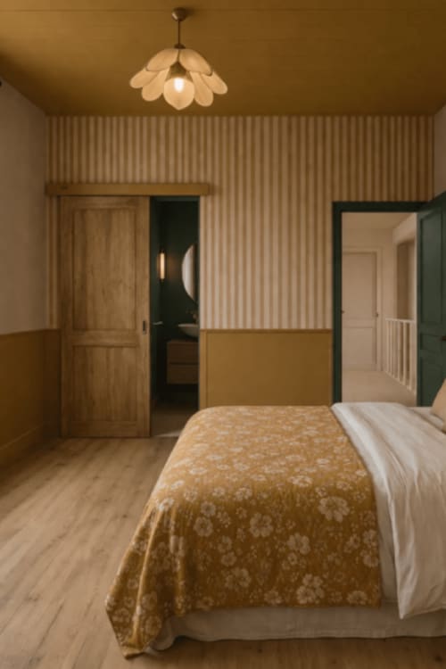 Chambre élégante à La Maison 1903 B&B à Trévou-Tréguignec avec literie motifs, papier peint rayé et luminaire suspendu vintage