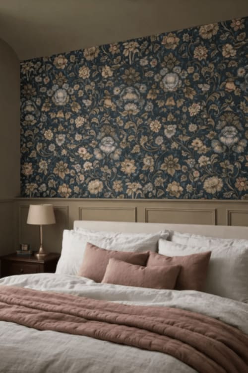 Chambre élégante à La Maison 1903 avec papier peint floral, literie neutre et décoration traditionnelle à Trévou-Tréguignec.