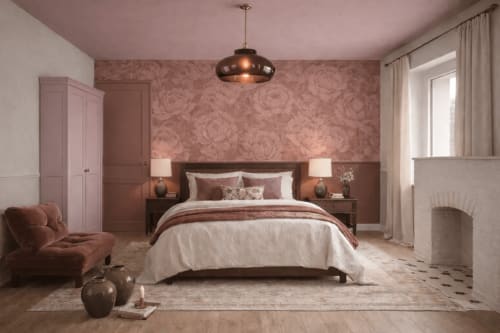 Chambre élégante à La Maison 1903 B&B à Trévou-Tréguignec avec papier peint damassé rose, suspension en laiton et lit en bois foncé