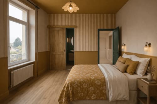 Chambre élégante à La Maison 1903 B&B à Trévou-Tréguignec avec accents moutarde, mobilier en bois et vues sur la campagne.