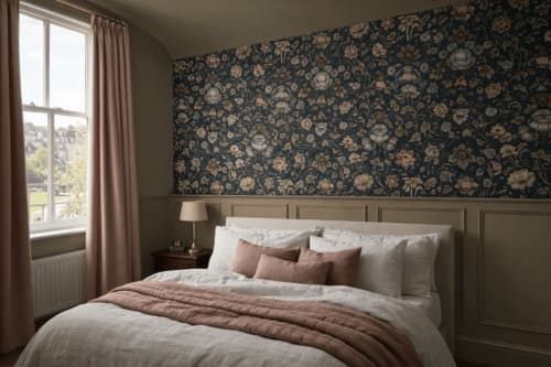 Chambre élégante à La Maison 1903 avec papier peint fleuri, linge neutre et vue sur le jardin