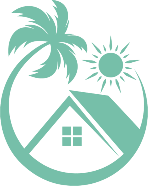 Ilustración de casa de playa tropical con palmera, sol y hogar para el hotel El Chalecito de Alicante