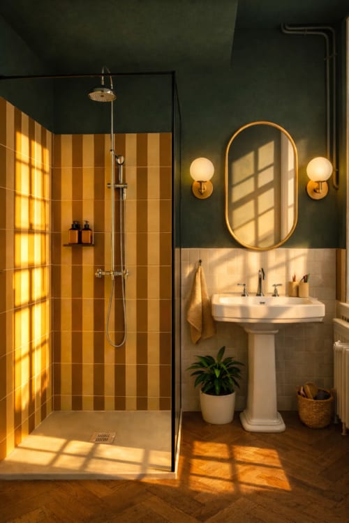 Salle de bain moderne à La Maison 1903 avec douche carrelée ocre, lavabo sur colonne, miroir doré et éclairage chaleureux à Trévou-Tréguignec.