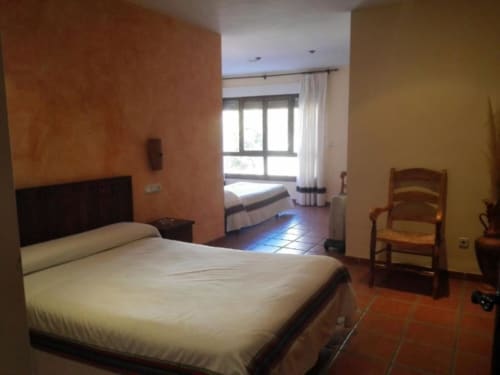 Spacious hotel room at Hotel Mulhacén Trevélez with terracotta walls, double bed, and mountain views from balcony door.