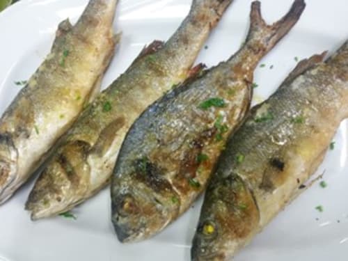 Four grilled whole fish with herbs on white plate at Hotel Ristorante Domu Incantada, Muravera