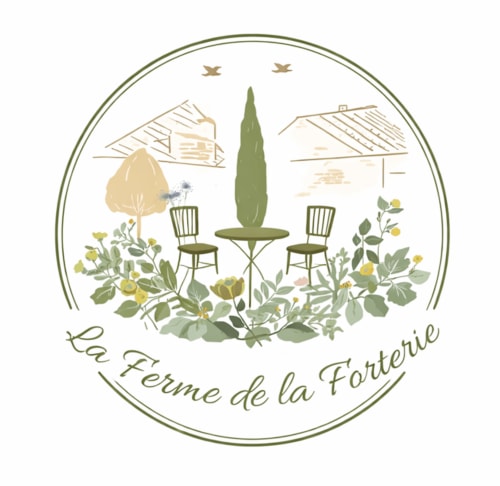 Logo Ferme de la Forterie : jardin champêtre avec chaises, cyprès et bâtiments agricoles rustiques