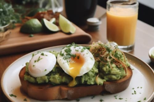 Poached eggs with avocado toast at Haven Spa Luxury Loft, Como breakfast spread with fresh juice