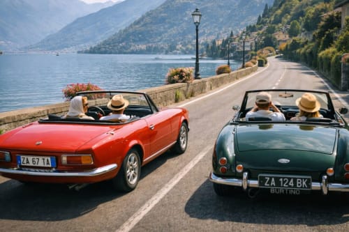 Two vintage convertibles cruising lakeside road in Como, Italy with mountains and villas in background