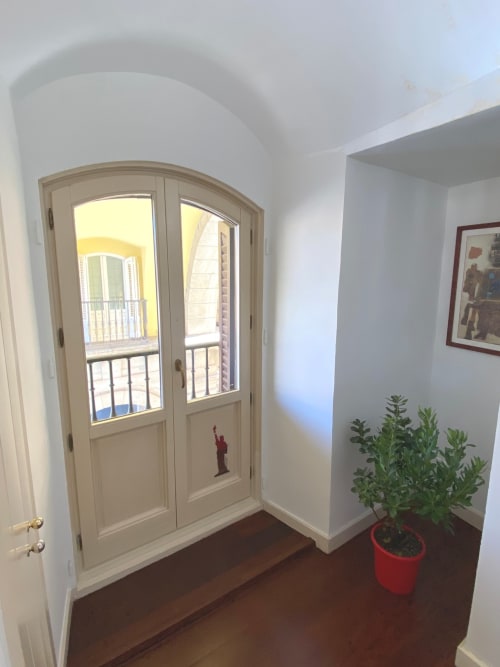 Bright entryway with arched cream doors opening to Plaza Mayor view, potted plant, dark wood floors, modern apartment hallway