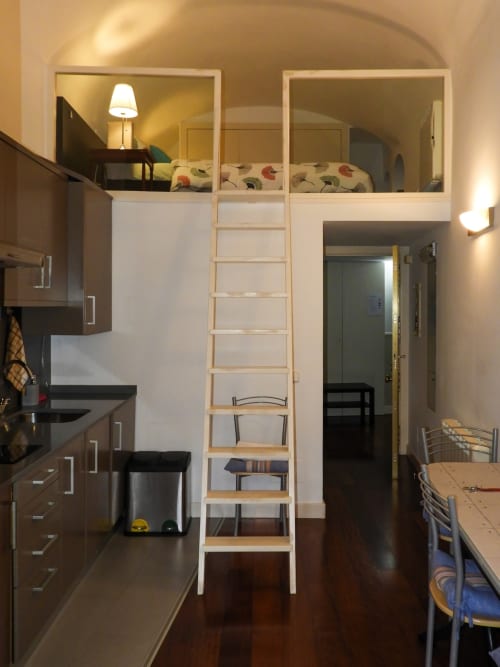 Modern studio apartment with lofted bedroom, kitchen, and dining area, ladder access to upper loft bed with floral bedding